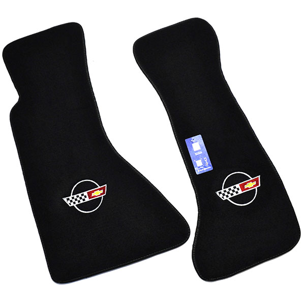 1996 Chevrolet Corvette FLOOR MATS PLUSH STYLE CARPET BLACK WITH EMBROIDERED CROSS FLAGS LOGO â€“ 2PC SET | IN1119O