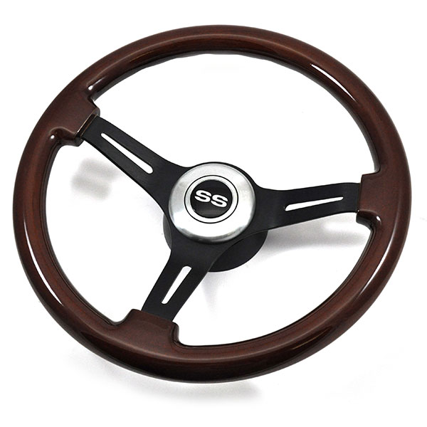 1965 Chevrolet El Camino AFTERMARKET STEERING WHEEL (WOOD WHEEL WITH BLACK ANODIZED SPOKES, 14'' OUTSIDE DIAMETER) - INCLUDES BRUSHED SILVER CHEVY 