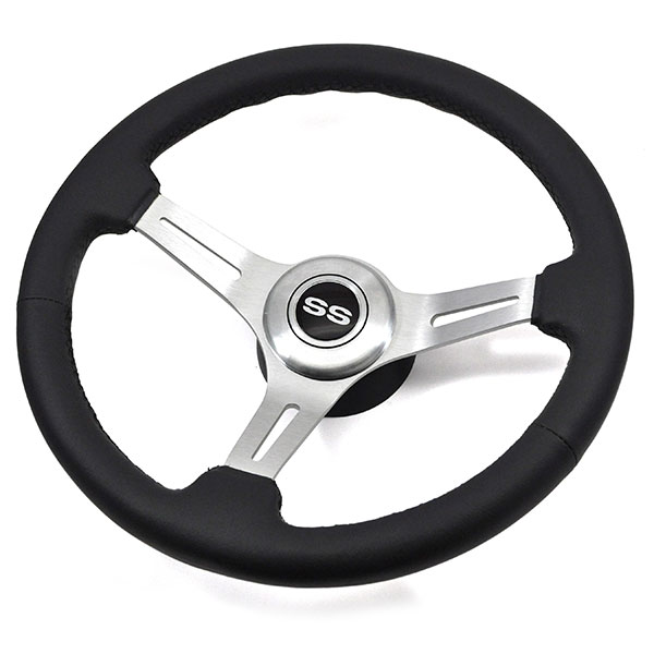 1967 Chevrolet Impala/Caprice/Bel Air AFTERMARKET STEERING WHEEL KIT (BLACK LEATHER WHEEL WITH BRUSHED SILVER SPOKES, 14'' OUTSIDE DIAMETER) | ST8906C