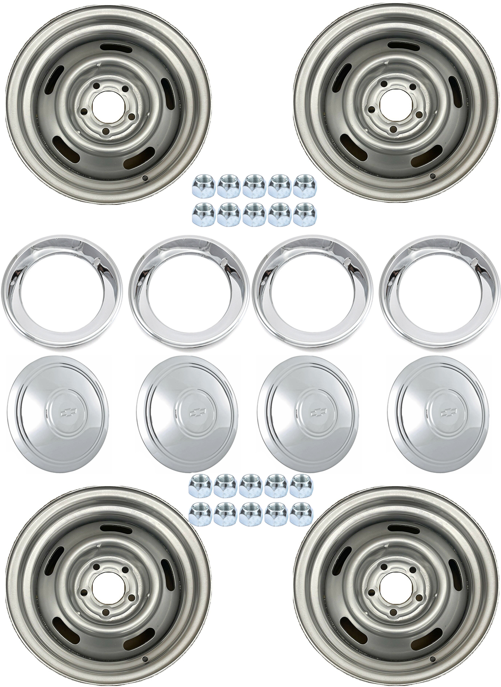 1966 Chevrolet Camaro 15-7 SILVER PAINTED RALLY WHEEL SET (INCLUDES: 4 WHEELS, 4 POLICE WHEEL CENTER CAP WITH BOWTIE FOR RALLY WHEELS, 4 TRIM RINGS & 20 STANDARD LUG NUTS) | WT10035C