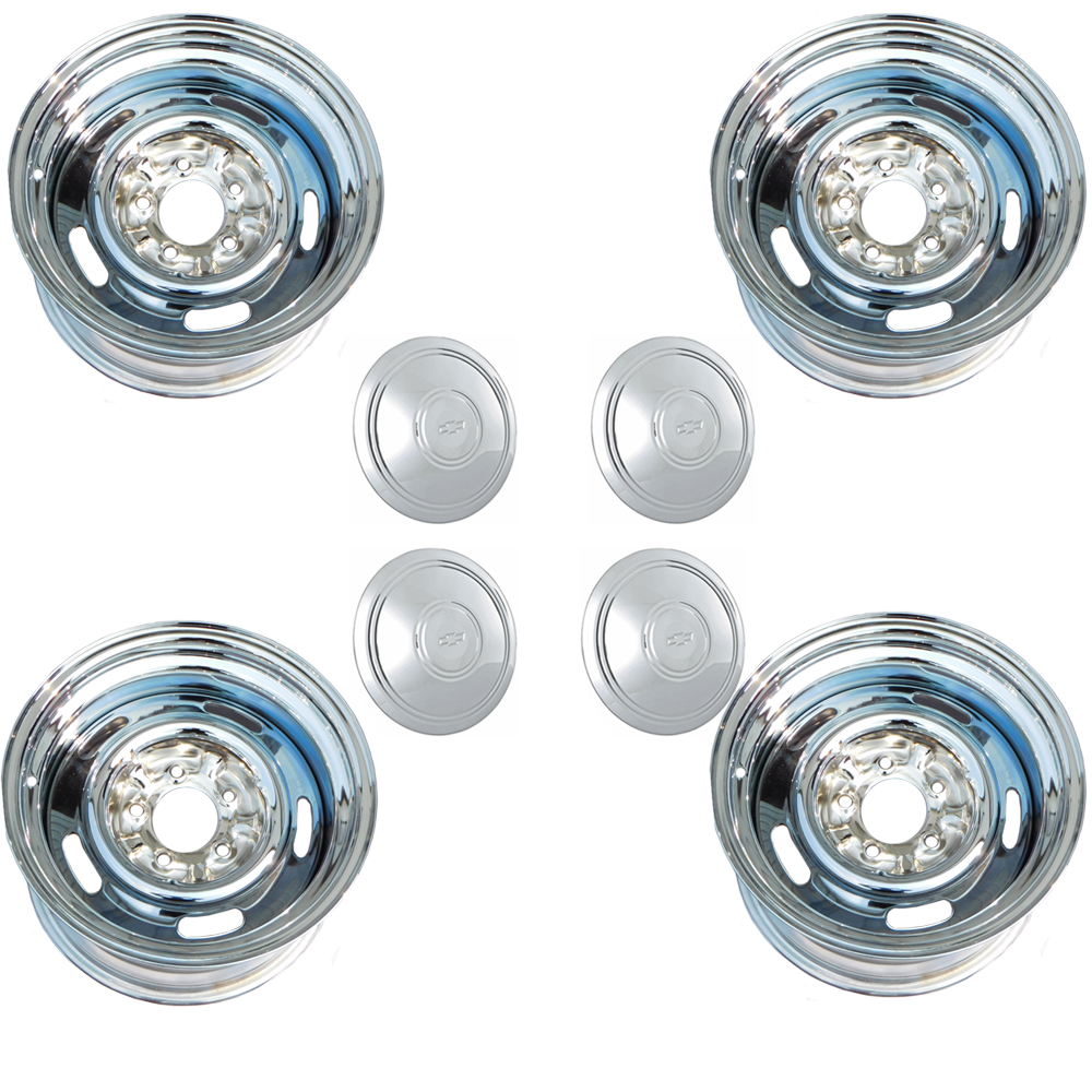 1968 Chevrolet Impala/Caprice/Bel Air 15-8 CHROME RALLY WHEEL SET (INCLUDES: 4 WHEELS, 4 POLICE WHEEL CENTER CAP WITH BOWTIE FOR RALLY WHEELS & 20 STANDARD LUG NUTS) | WT10044C