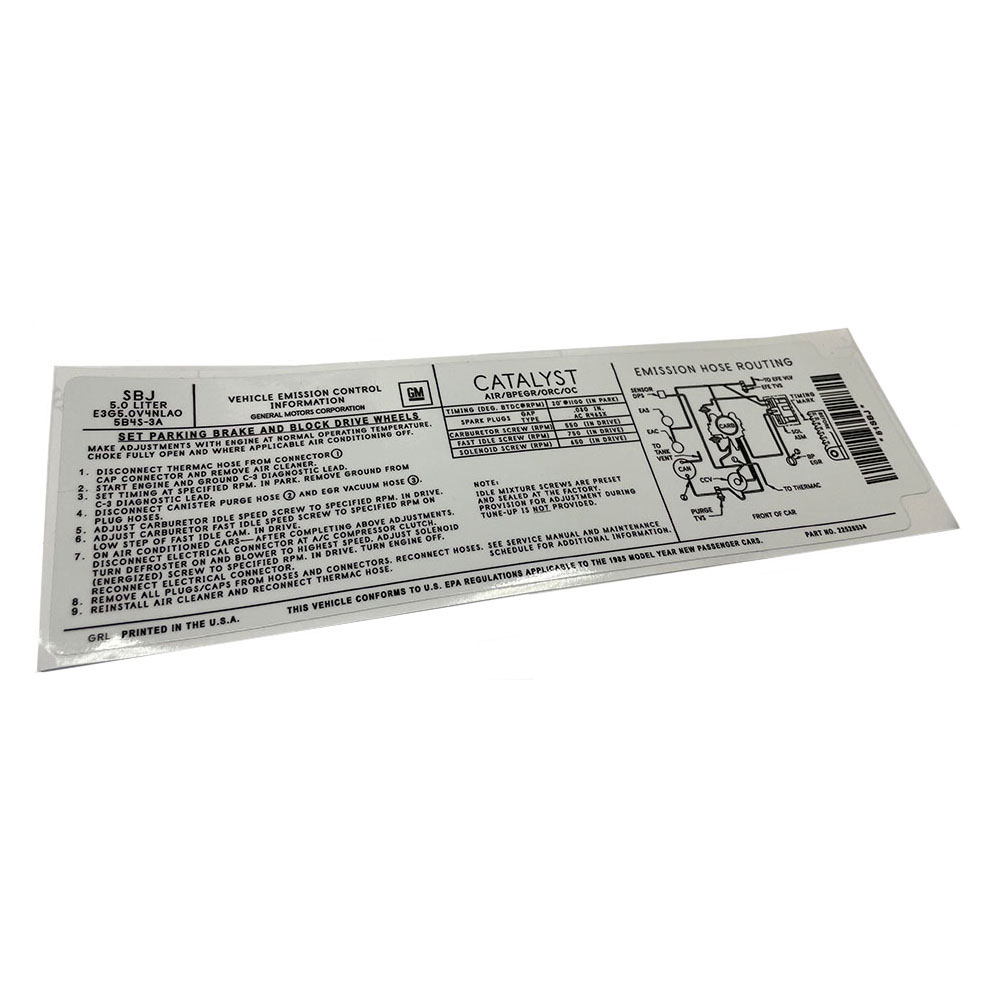 1985 Oldsmobile Cutlass/442/F85 5.0 LITER AT VALVE EMISSION DECAL SBJ GM 22526534 – EA (442) (MADE IN USA) | DC10023T