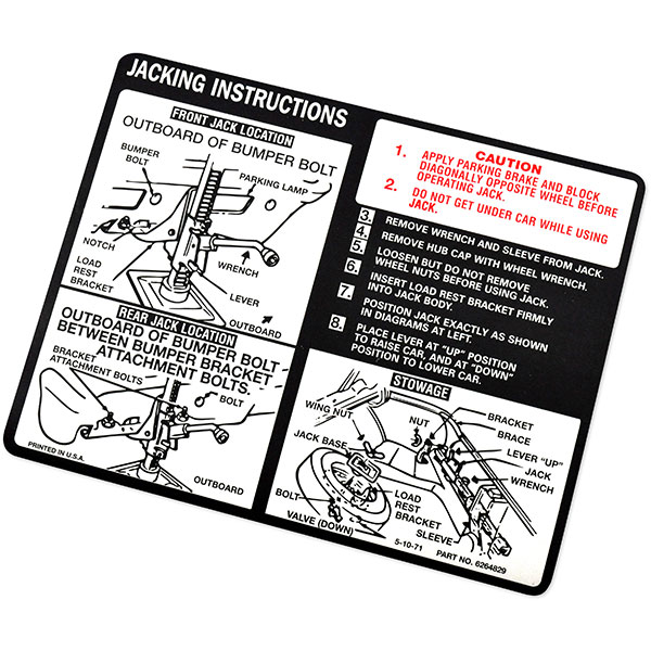 1972 Chevrolet Chevelle/Malibu JACK INSTRUCTION REGULAR DECAL GM 6264829 EACH | DC0537