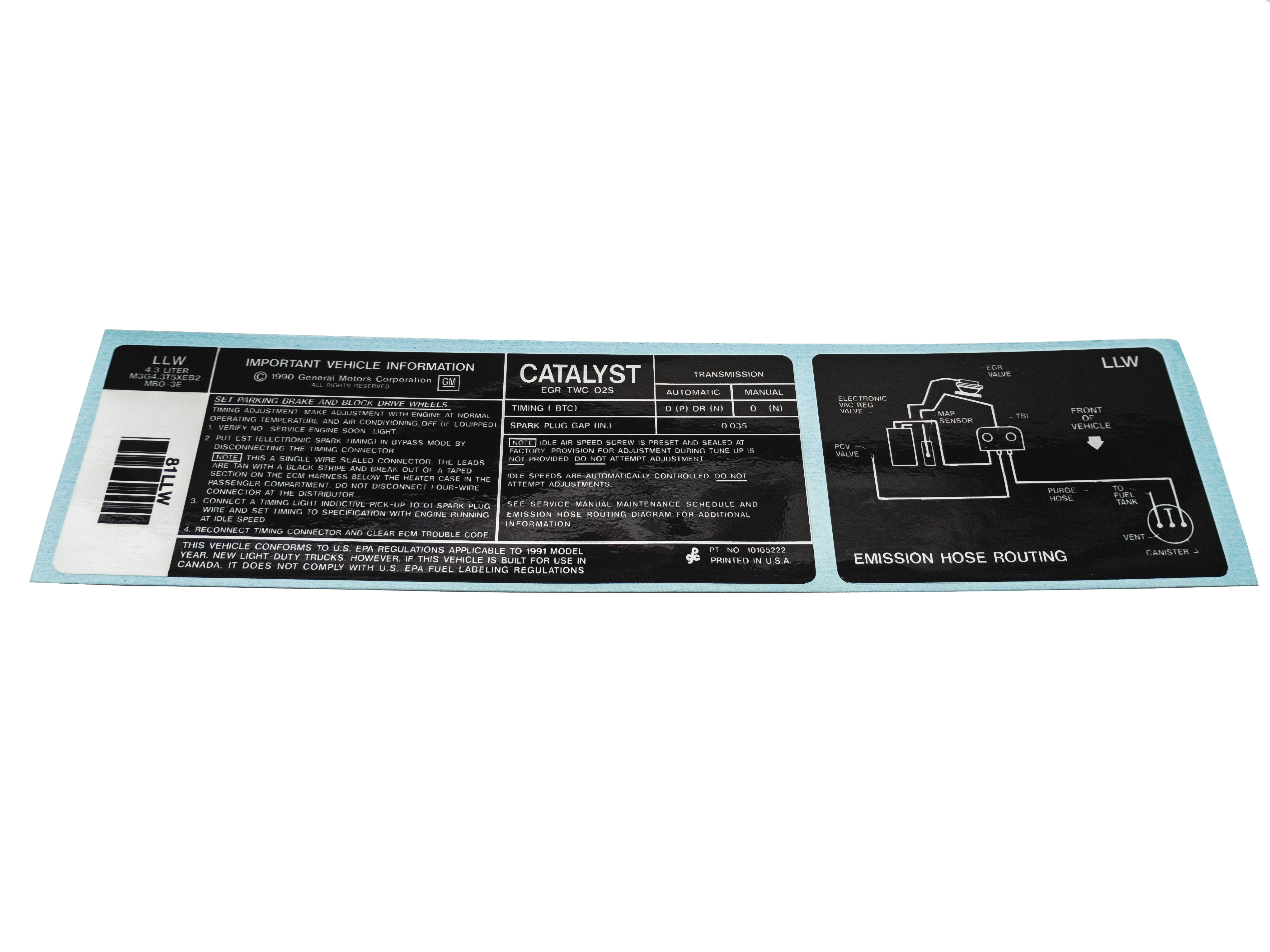1991 GM Truck (GMC SONOMA / SYCLONE) EMISSION HOSE ROUTING DECAL LLW - EA | 10165222