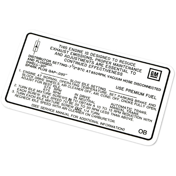 1968 Oldsmobile Cutlass/442/F85 350-4V AT/MT A/B BODY EMISSION DECAL OB (D00099) | DO0099
