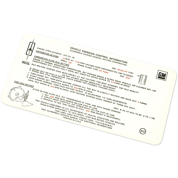 1970 Oldsmobile Cutlass/442/F85  350-2V AT A B BODY EMISSION DECAL OO (D00199) | DC1962T