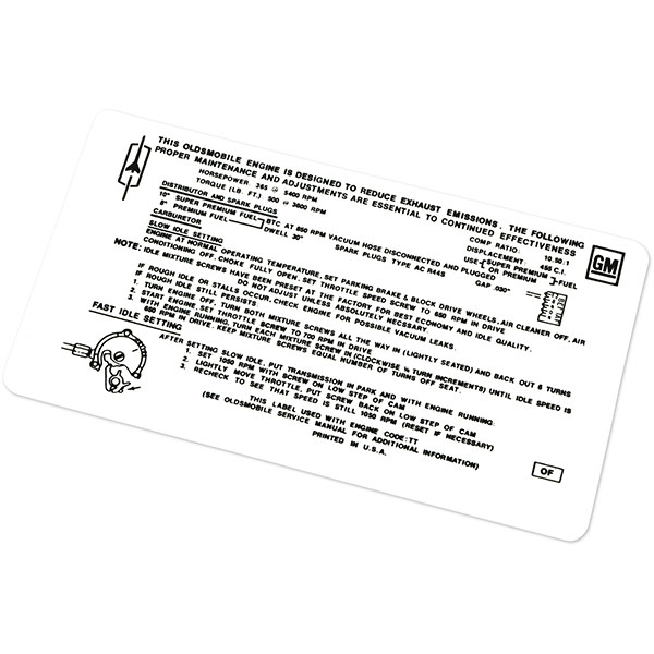 1970 Oldsmobile Cutlass/442/F85  455-4V AT 442/POLICE EMISSION DECAL OF (D00043) | DC1971T