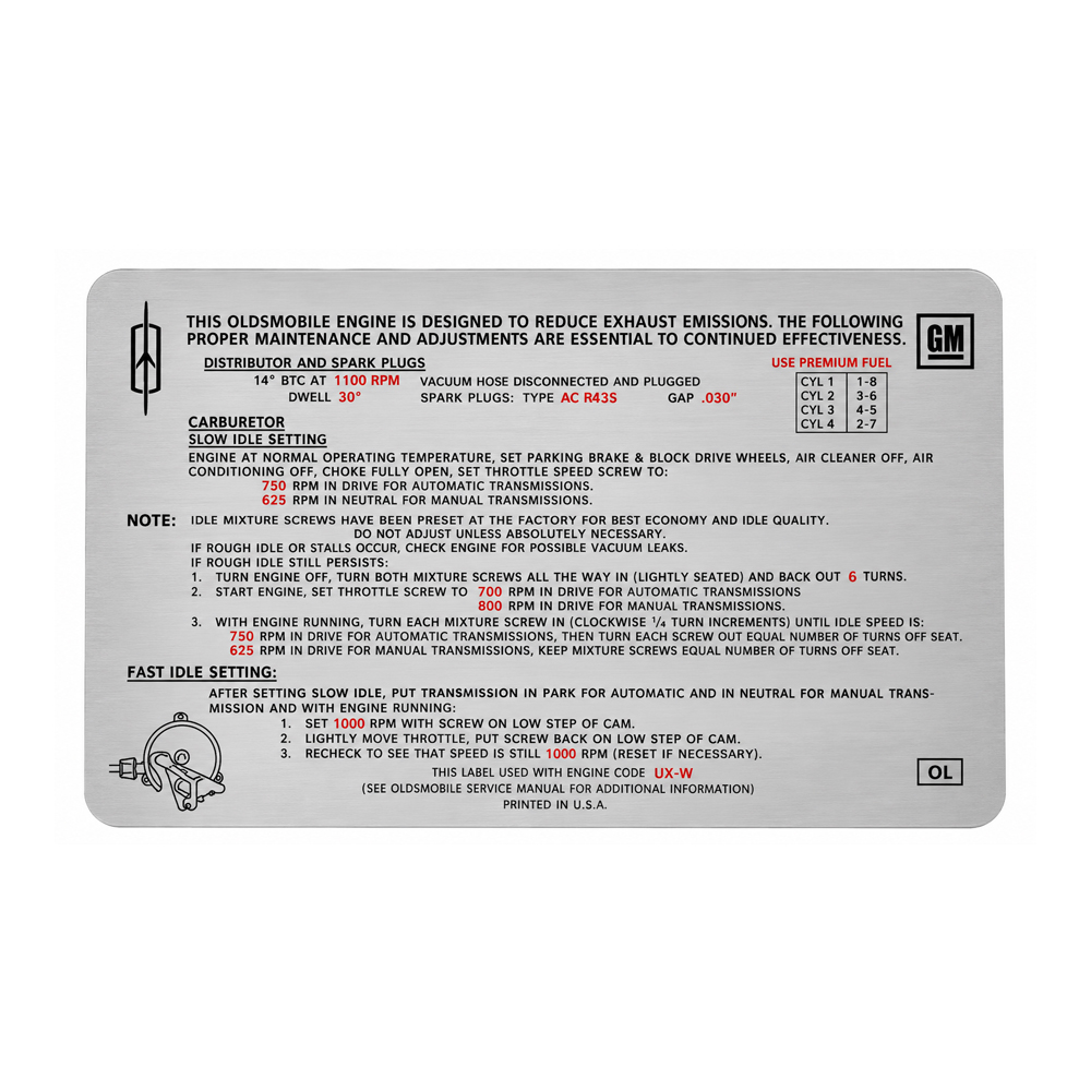 1970 Oldsmobile Cutlass/442/F85  455-4V AT W-31 EMISSION DECAL OL (D00202) | DC1976T