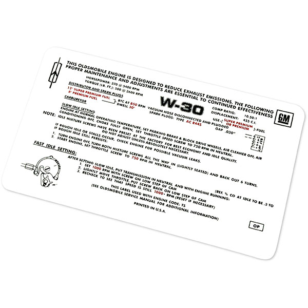 1970 Oldsmobile Cutlass/442/F85  455-4V MT W-30 EMISSION DECAL OP (D00195) | DC1978T