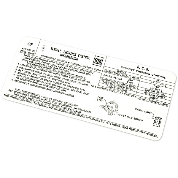 1971 Oldsmobile Cutlass/442/F85  455-2V AT ABC BODY EMISSION DECAL OF (D00123) | DC1981T