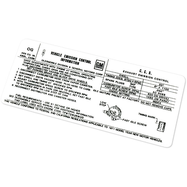 1971 Oldsmobile Cutlass/442/F85  455-4V AT ABC BODY EMISSION DECAL OG (D00125) | DC1983T
