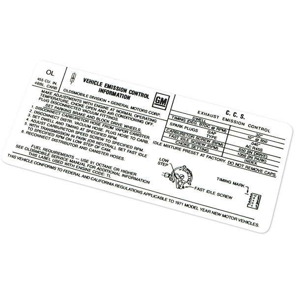 1971 Oldsmobile Cutlass/442/F85  455-4V AT W-30 442 W/AIR EMISSION DECAL OL (D00132) | DC1985T