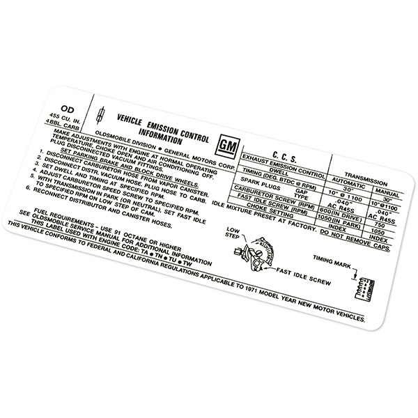 1971 Oldsmobile Cutlass/442/F85  455-4V AT/MT 442 EMISSION DECAL OD (D00103) | DC1986T