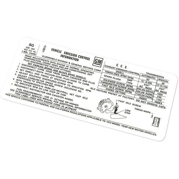 1972 Oldsmobile Cutlass/442/F85  455-4V AT/MT W-30 442 EMISSION DECAL SG (D00101) | DC1993T