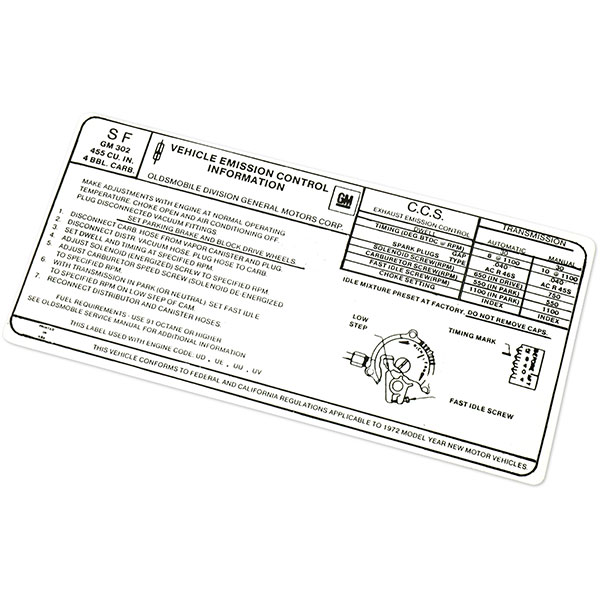 1972 Oldsmobile Cutlass/442/F85 455-4V MT A BODY 455-4V AT E BODY EMISSION DECAL SF (D00069) | DC1994T