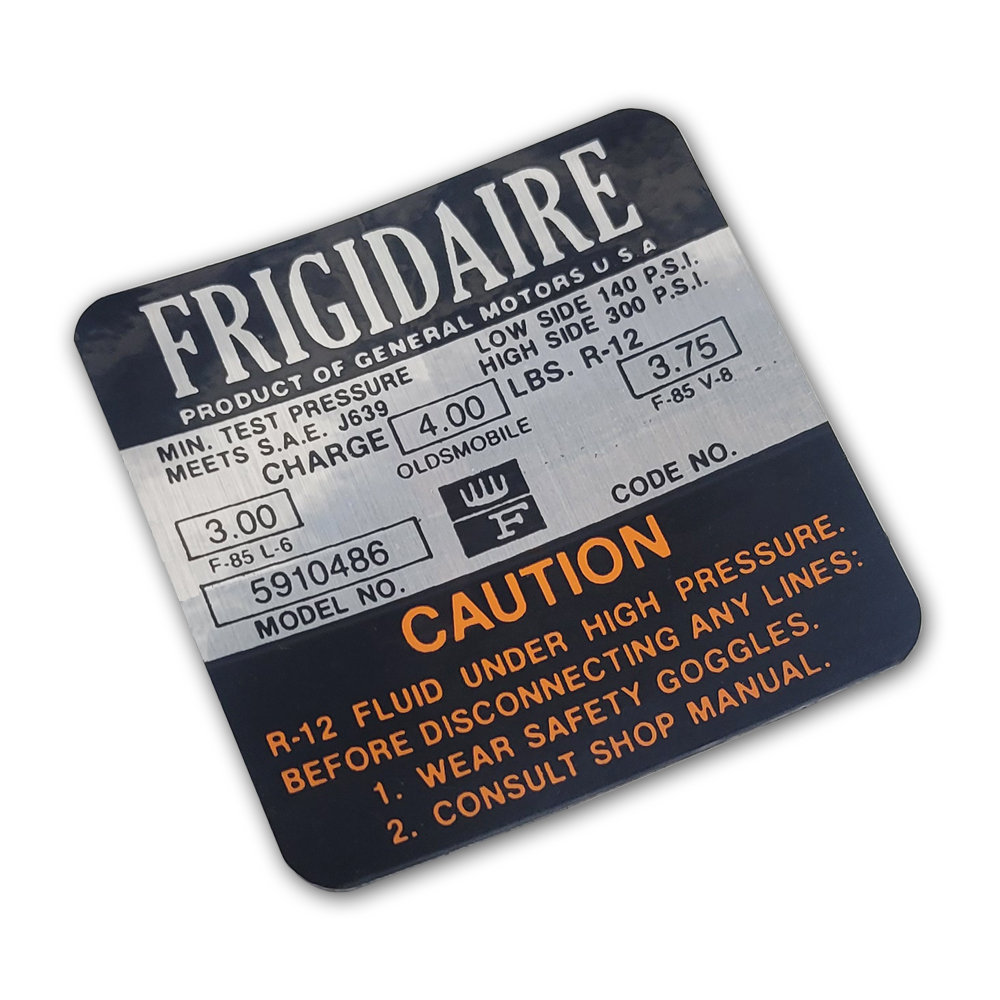 1967 Oldsmobile Cutlass/442/F85 FRIGIDAIRE AIR COND COMP DECAL ORANGE (D00542) | DC2083T
