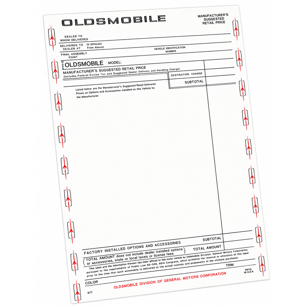 1968 Oldsmobile Cutlass/442/F85  (ALL) NEW VEH WINDOW PRICE STICKER (D00130) | DC2161T