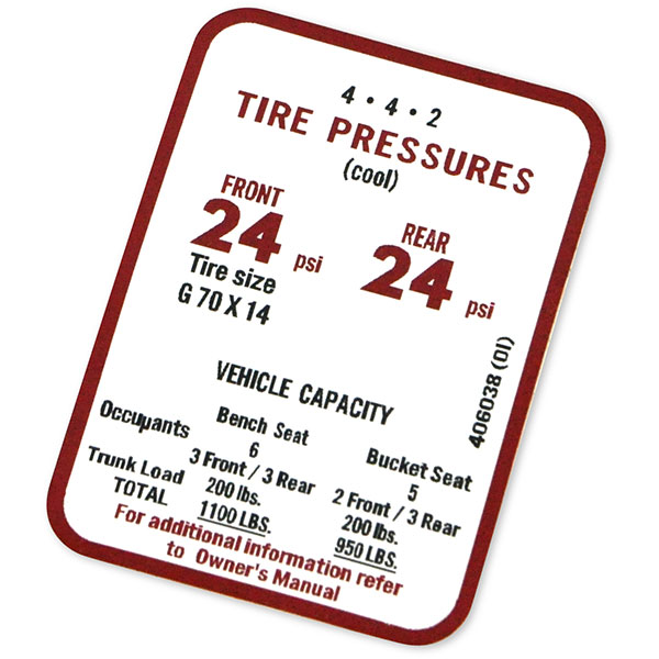 1969 Oldsmobile Cutlass/442/F85  A BODY 442 TIRE PRESSURE DECAL  (D00095) | DC2166T
