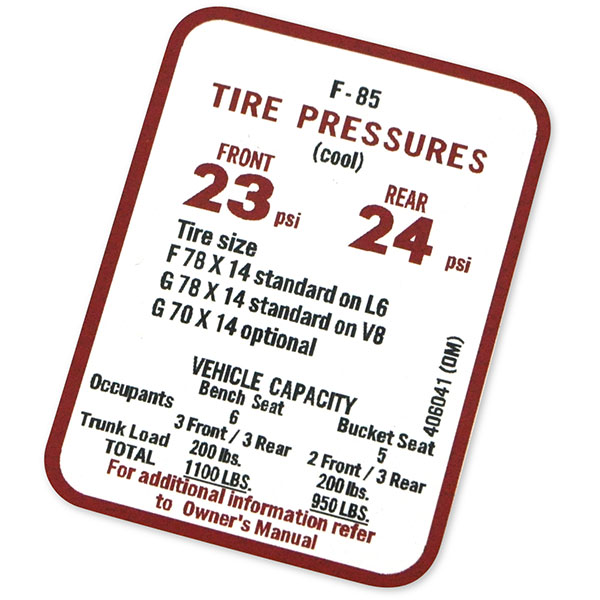 1969 Oldsmobile Cutlass/442/F85  A BODY F85 TIRE PRESSURE DECAL  (D00084) | DC2167T