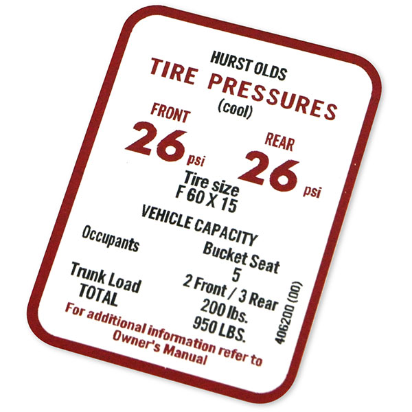 1969 Oldsmobile Cutlass/442/F85  A BODY HURST/OLDS TIRE PRESSURE  (D00135) | DC2168T