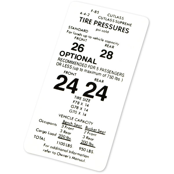1971 Oldsmobile Cutlass/442/F85  A BODY CUTLASS/F85/442 TIRE PRESSURE DECAL (D00113) | DC2181T