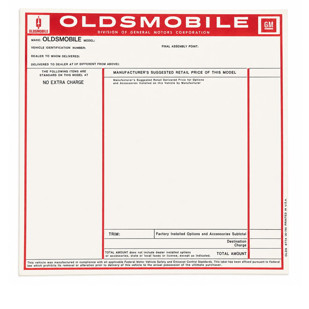 1976 Oldsmobile Cutlass/442/F85  (ALL) NEW VEHICLE WINDOW PRICE STICKER (D00518) | DC2200T
