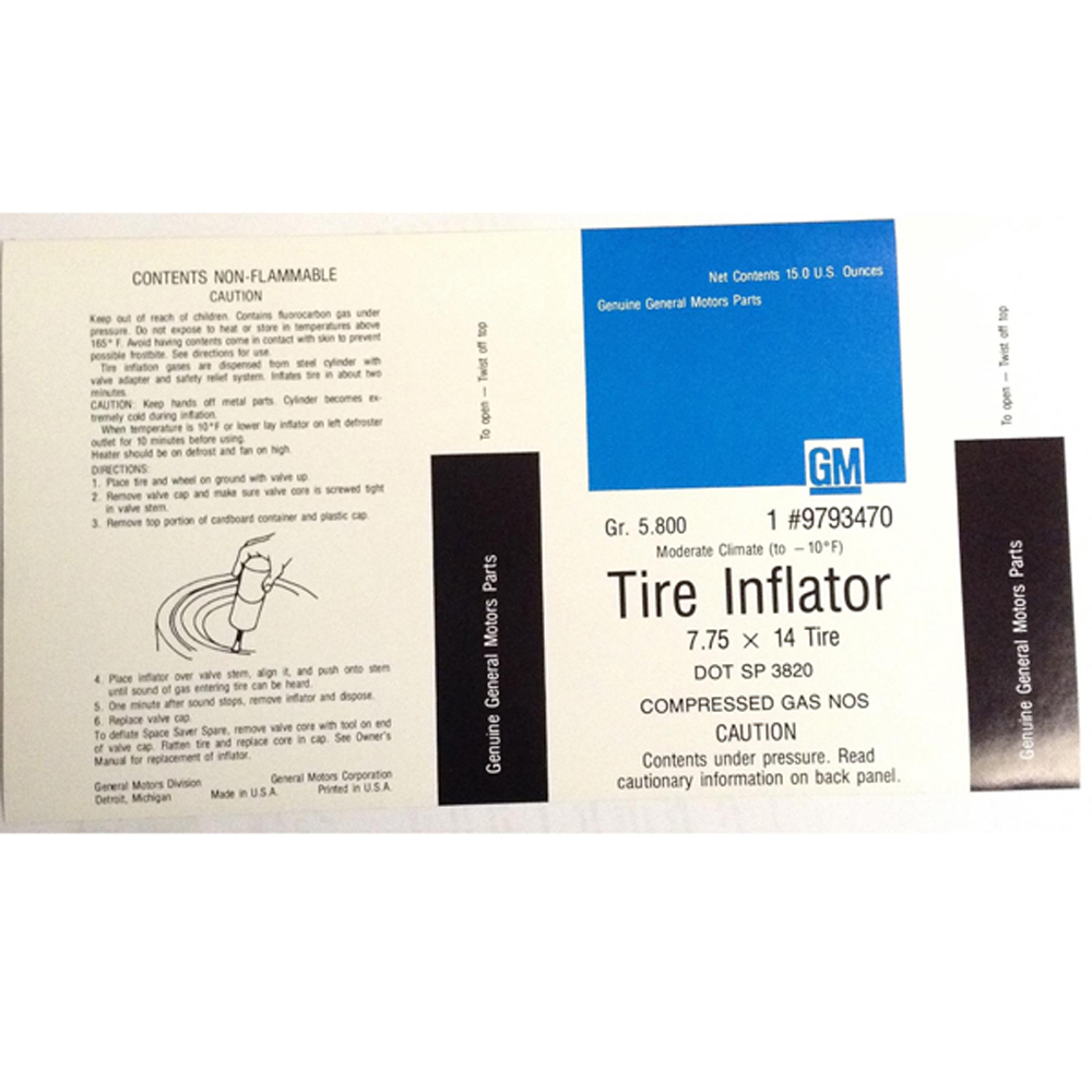 1972 Oldsmobile Cutlass/442/F85  SPACE SAVER INFLATOR DECAL  (D00538) | DC2235T