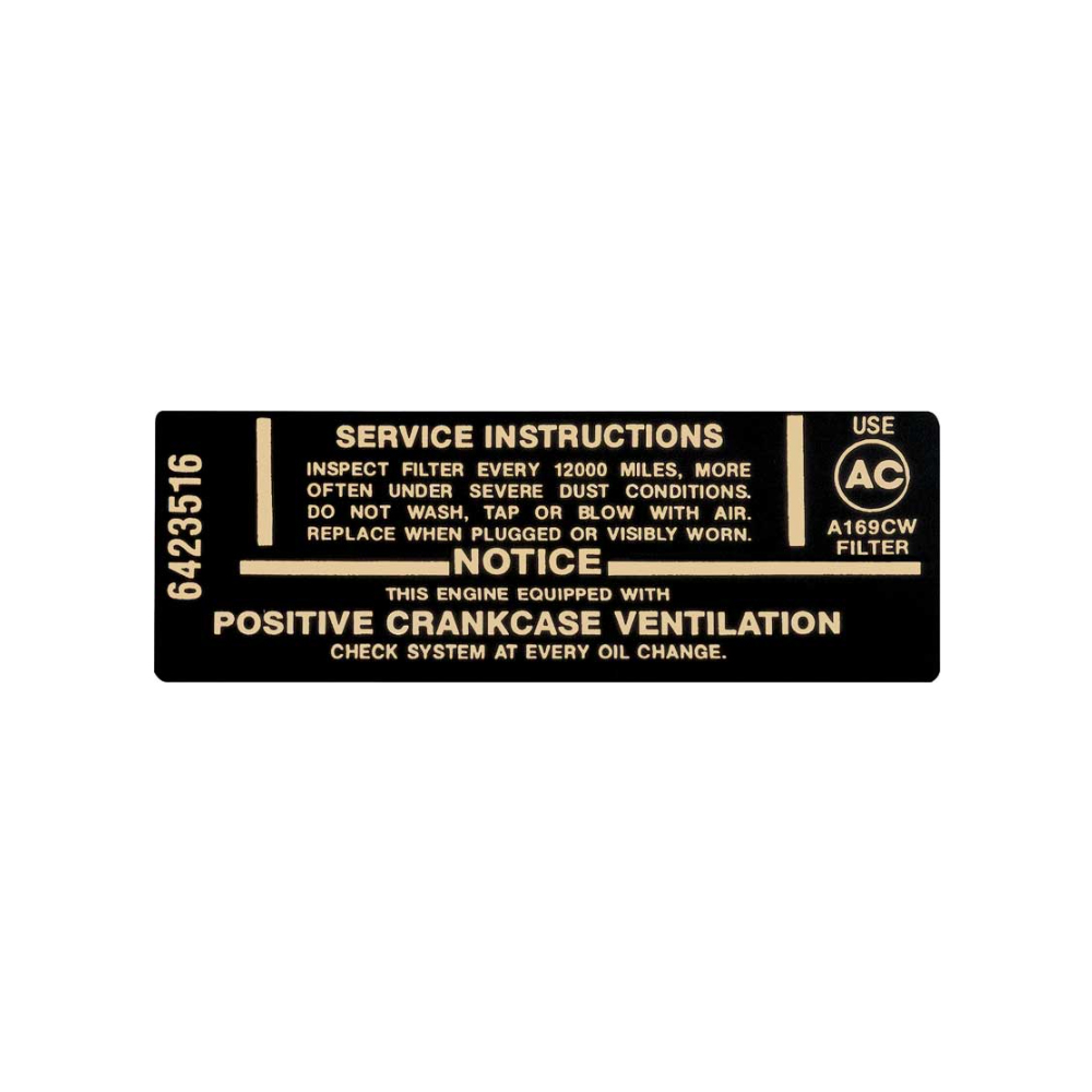 1967 Chevrolet Nova/Chevy II 250 / 155HP AIR CLEANER SERVICE DECAL GM # 6423516 (DC1069) | DC1516N