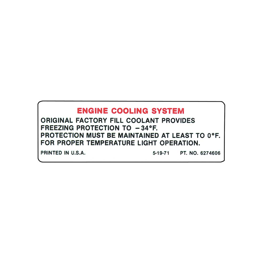 1972 Chevrolet Nova/Chevy II COOLING SYSTEM WARNING DECAL GM# 6274606 (DC0814) | DC1612N