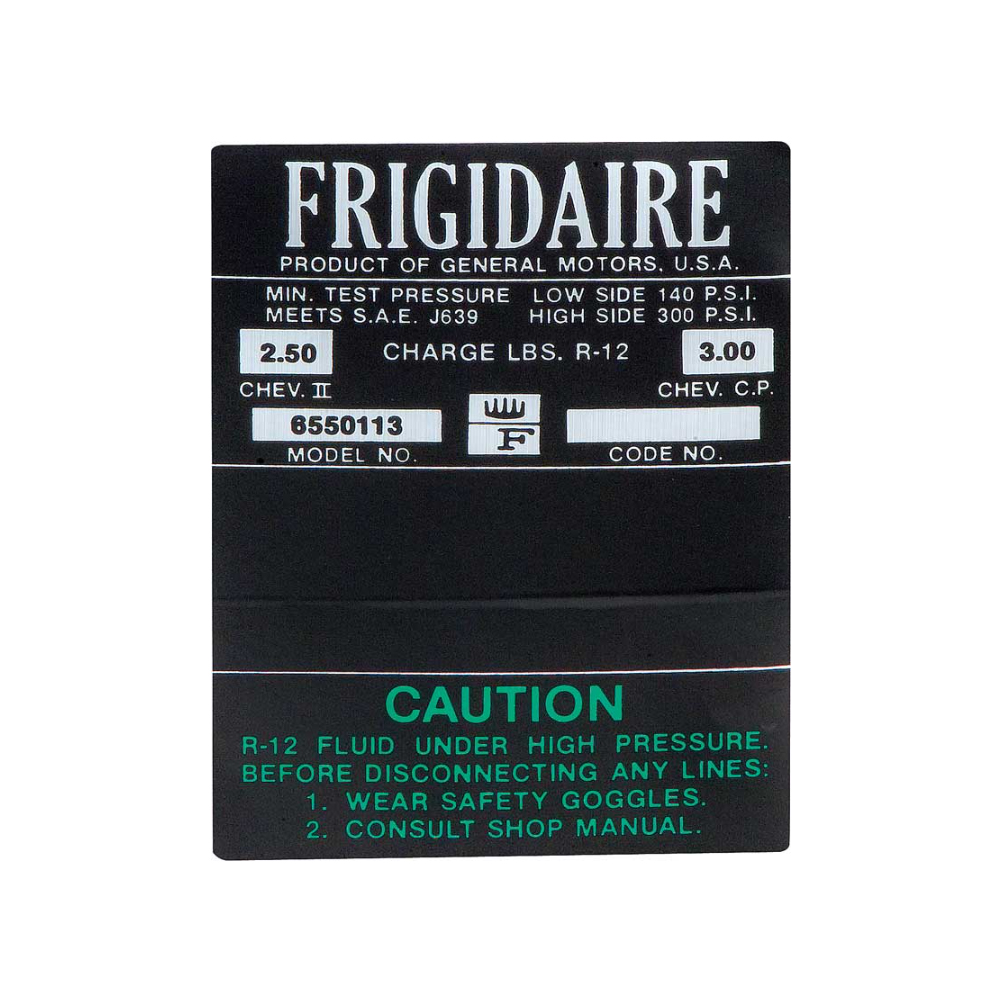 1964 Chevrolet Nova/Chevy II BLACK AND GREEN FRIGIDAIRE AC COMPRESSOR DECAL (DC0933) | DC1633N
