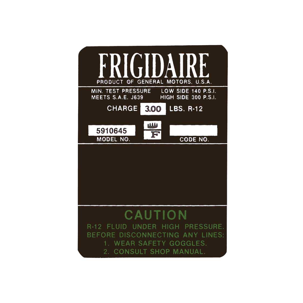1967 Chevrolet Nova/Chevy II BLACK AND GREEN FRIGIDAIRE AC COMPRESSOR DECAL MODEL #5910645 (DC1025) | DC1634N