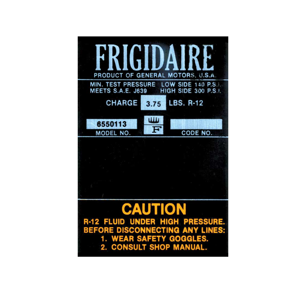 1967 Chevrolet Nova/Chevy II FRIGIDAIRE AIR CONDITIONING COMPRESSOR DECAL (ORANGE) MODEL #6550113 (DC0961) | DC1635N