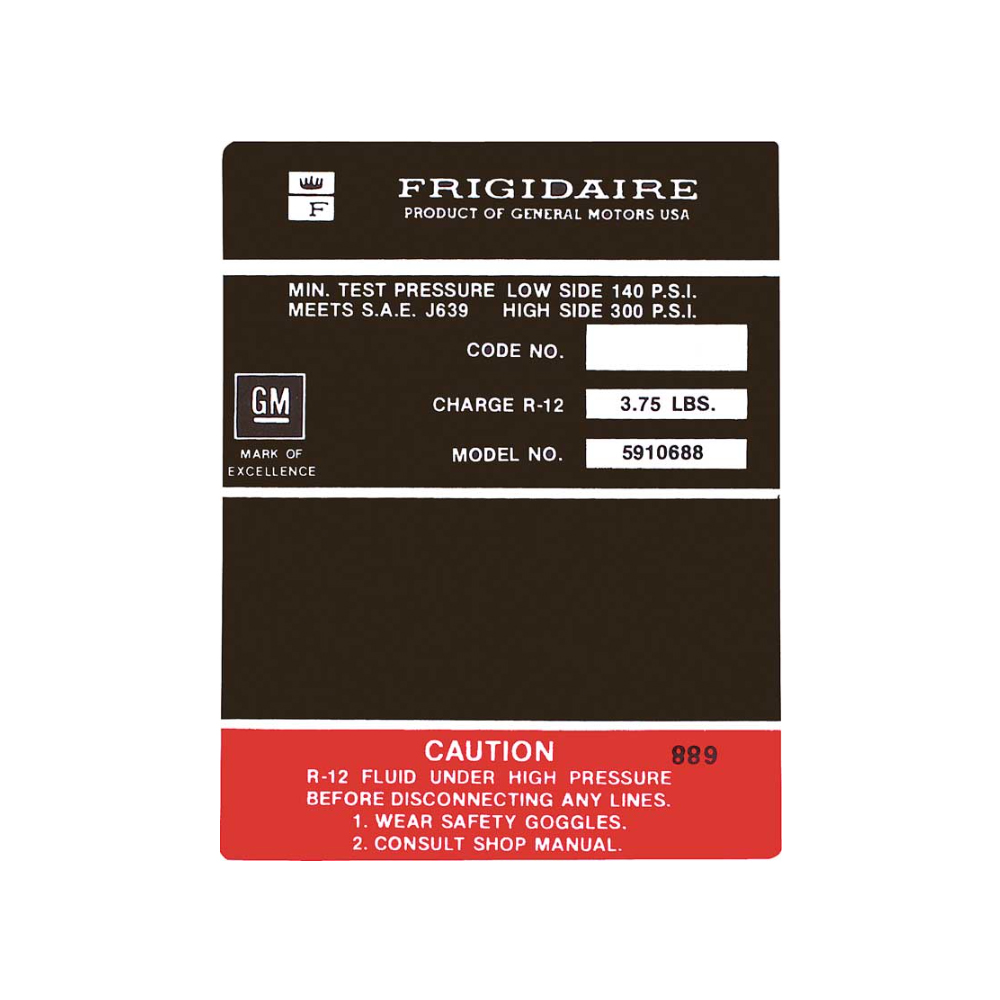 1969 Chevrolet Nova/Chevy II BLACK AND RED FRIGIDAIRE AIR CONDITIONING COMPRESSOR DECAL MODEL (DC0774) | DC1638N