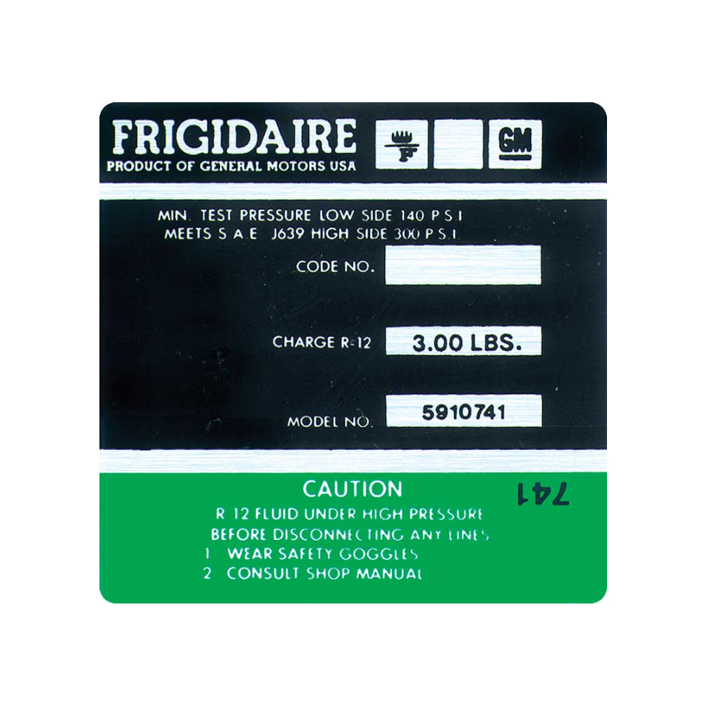 1976 Chevrolet Nova/Chevy II BLACK AND GREEN FRIGIDAIRE AIR CONDITIONING COMPRESSOR DECAL MODEL #5910741 (DC0739) | DC1642N
