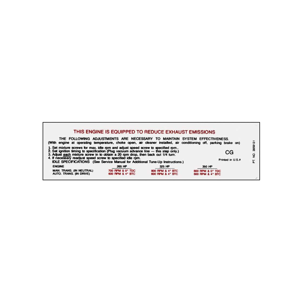 1969 Chevrolet Nova/Chevy II 396-325 HP AT/MT EMISSION DECAL (DC0249) | DC1671N