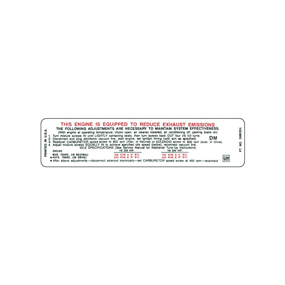 1970 Chevrolet Nova/Chevy II 307-200 HP AT/MT EMISSION BEFORE 1/70 (DC0596) | DC1680N