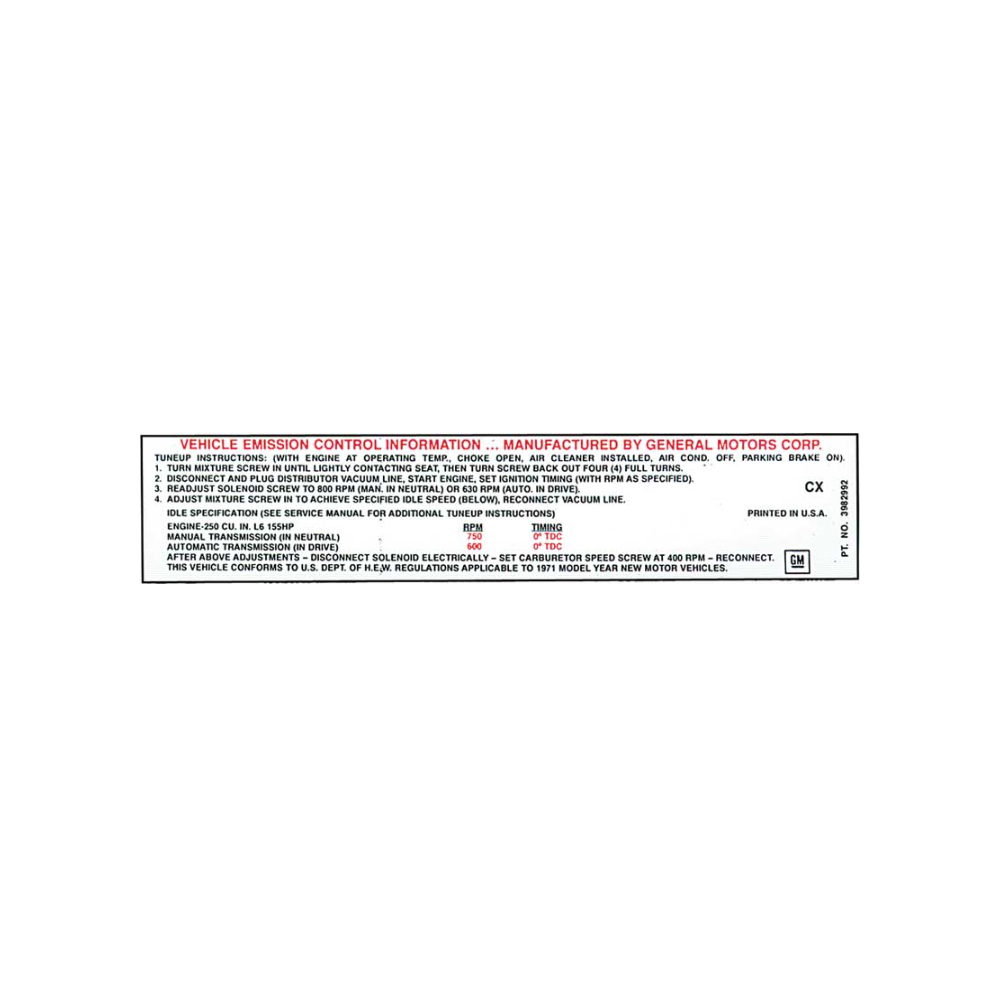 1971 Chevrolet Nova/Chevy II 250-1V AT/MT EMISSION AFTER 10/70 US (DC1222) | DC1696N