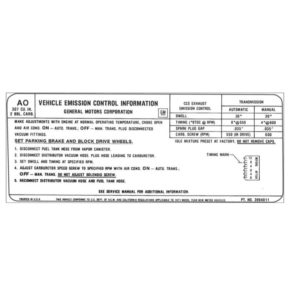 1971 Chevrolet Nova/Chevy II 307-2V AT/MT EMISSION DECAL CAL (DC0856) | DC1700N