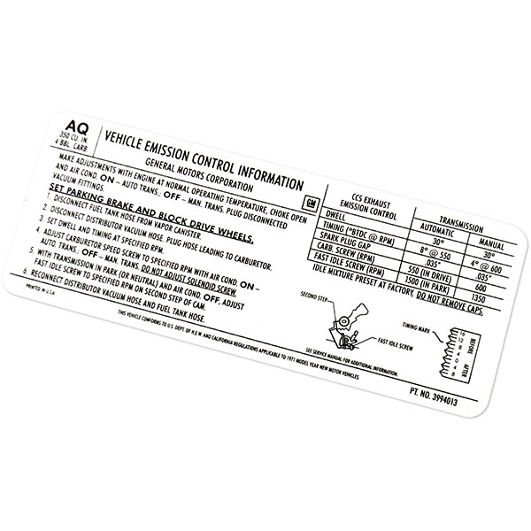1971 Chevrolet Nova/Chevy II 350-4V AT/MT EMISSION DECAL US-CAL (DC0422) | DC1702C