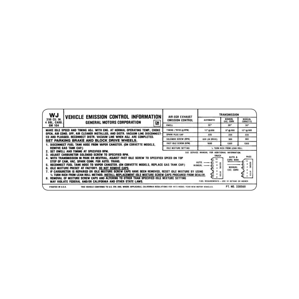 1973 Chevrolet Nova/Chevy II 350-4V AT/MT EMISSION DECAL US-CAL (DC1009) | DC1720N
