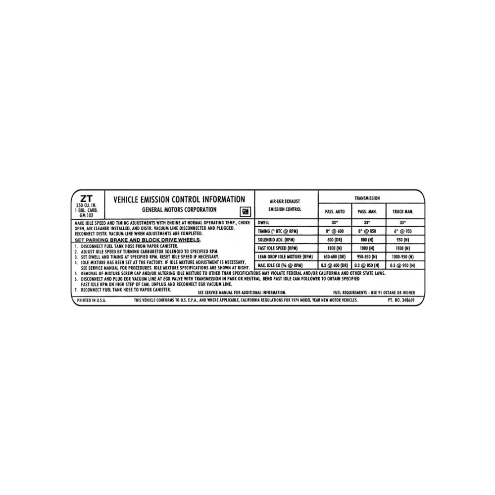 1974 Chevrolet Nova/Chevy II 250-1V AT/MT EMISSION DECAL CAL (DC1187) | DC1724N