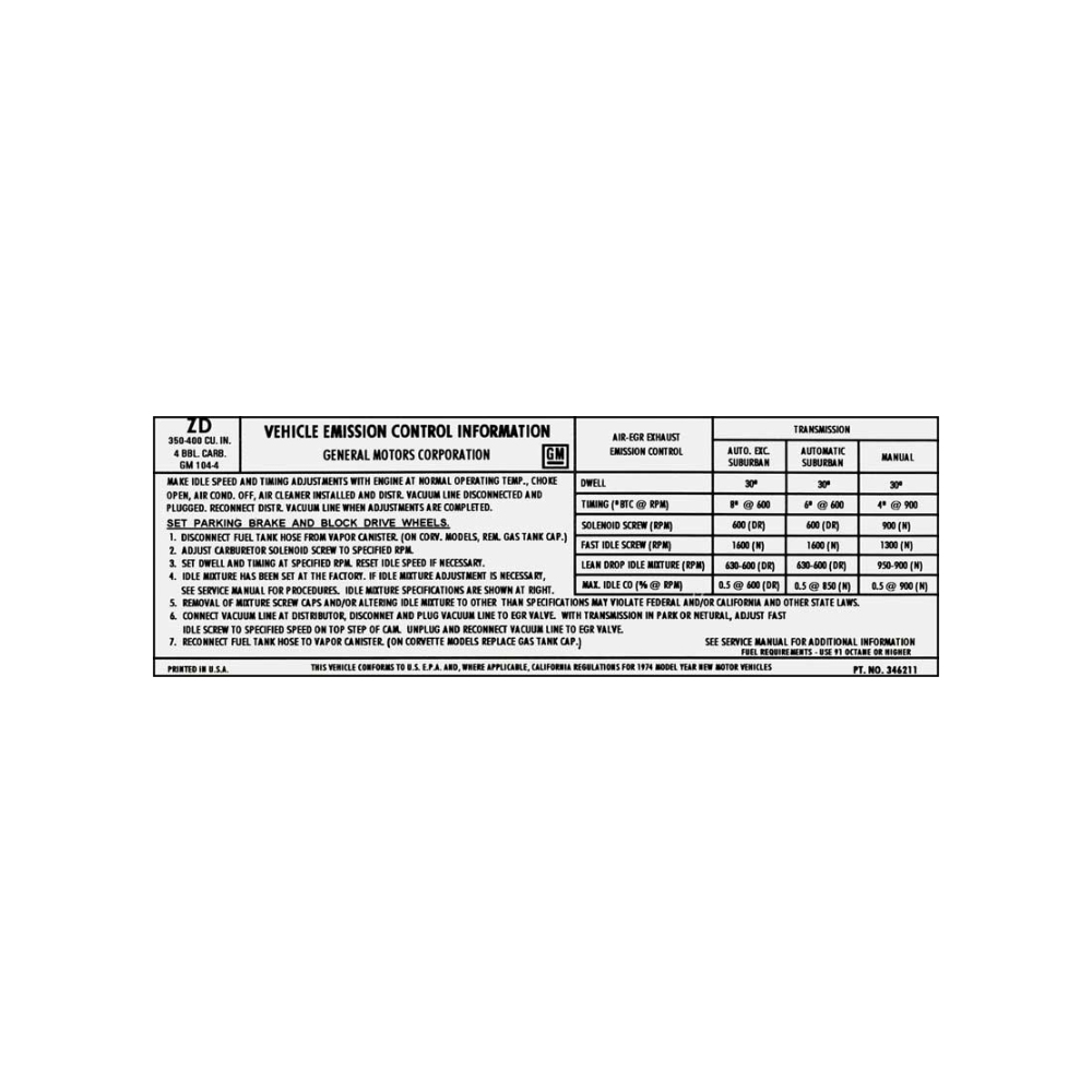 1974 Chevrolet Nova/Chevy II 350-4V AT/MT EMISSION DECAL CAL (DC1153) | DC1727N