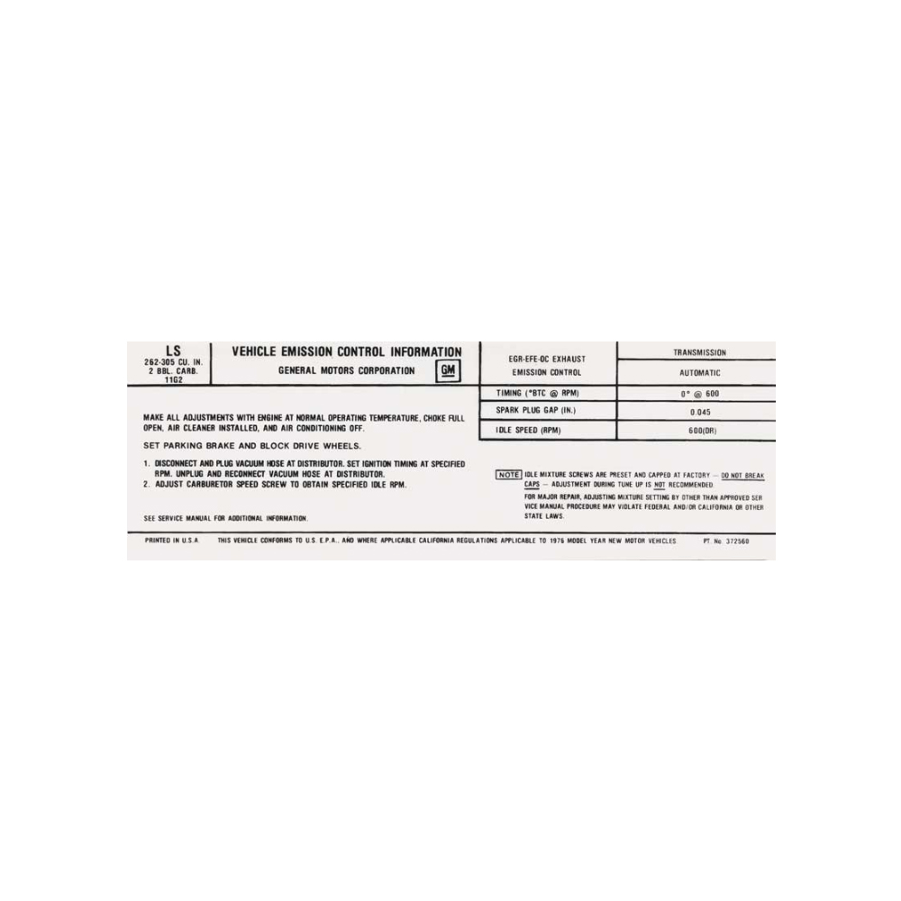 1976 Chevrolet Nova/Chevy II 305-2V AT EMISSION DECAL US-CAL (DC0813) | DC1731N
