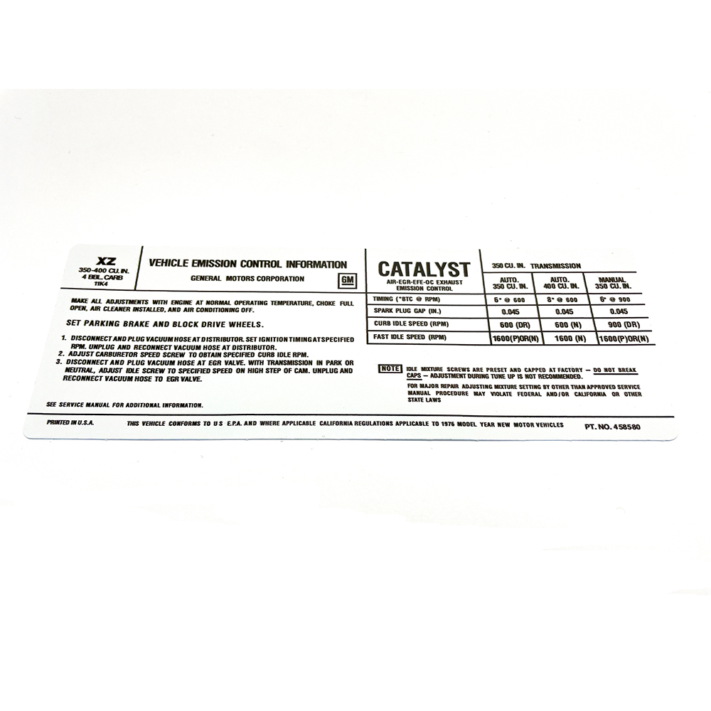 1976 Chevrolet Impala/Caprice/Bel Air 350-4V AT/MT EMISSION DECAL US-CAL (DC0450) | DC0450