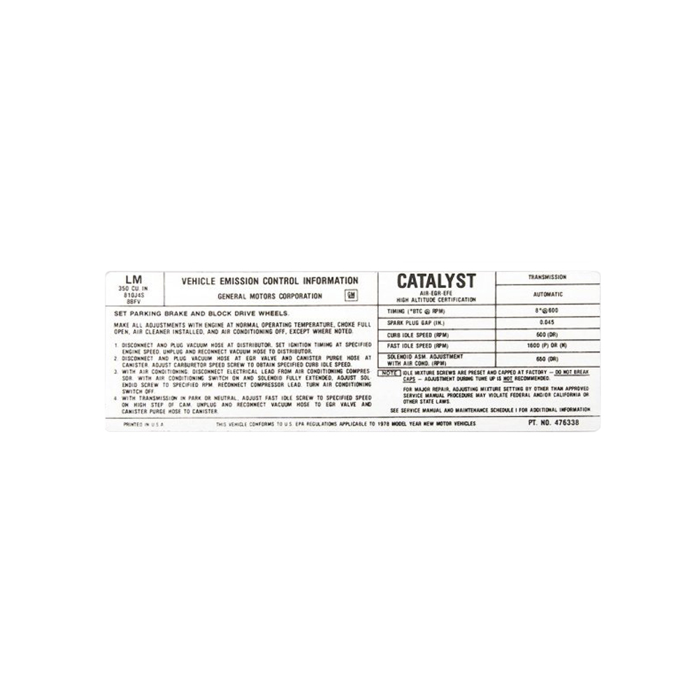 1978 Chevrolet Nova/Chevy II 350-4V AT EMISSION DECAL HI-ALT (DC0872) | DC1740N