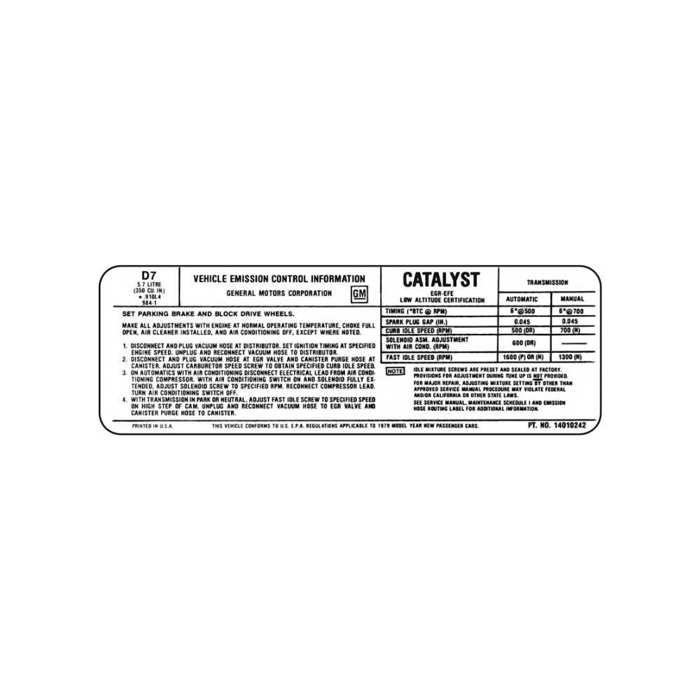 1979 Chevrolet Nova/Chevy II 350-4V AT/MT EMISSION DECAL US (DC0728) | DC1742N