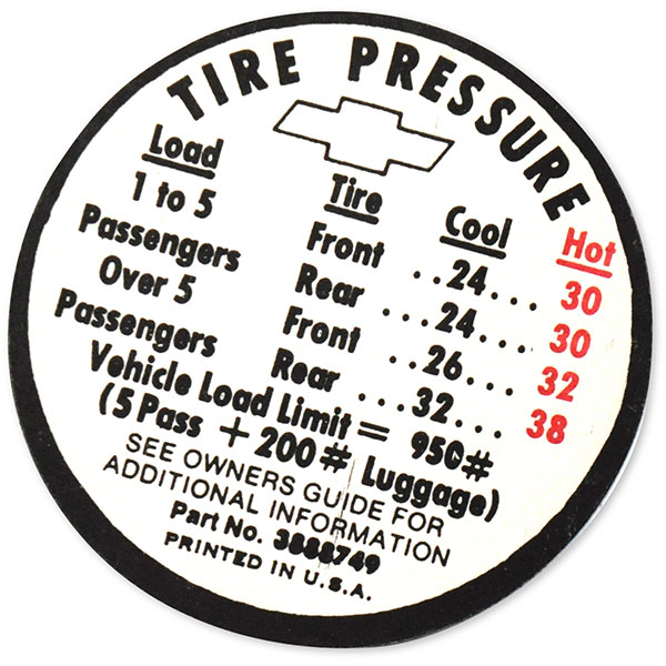 1966 Chevrolet Nova/Chevy II SS TIRE PRESSURE DECAL GM 3888749 | DC0626