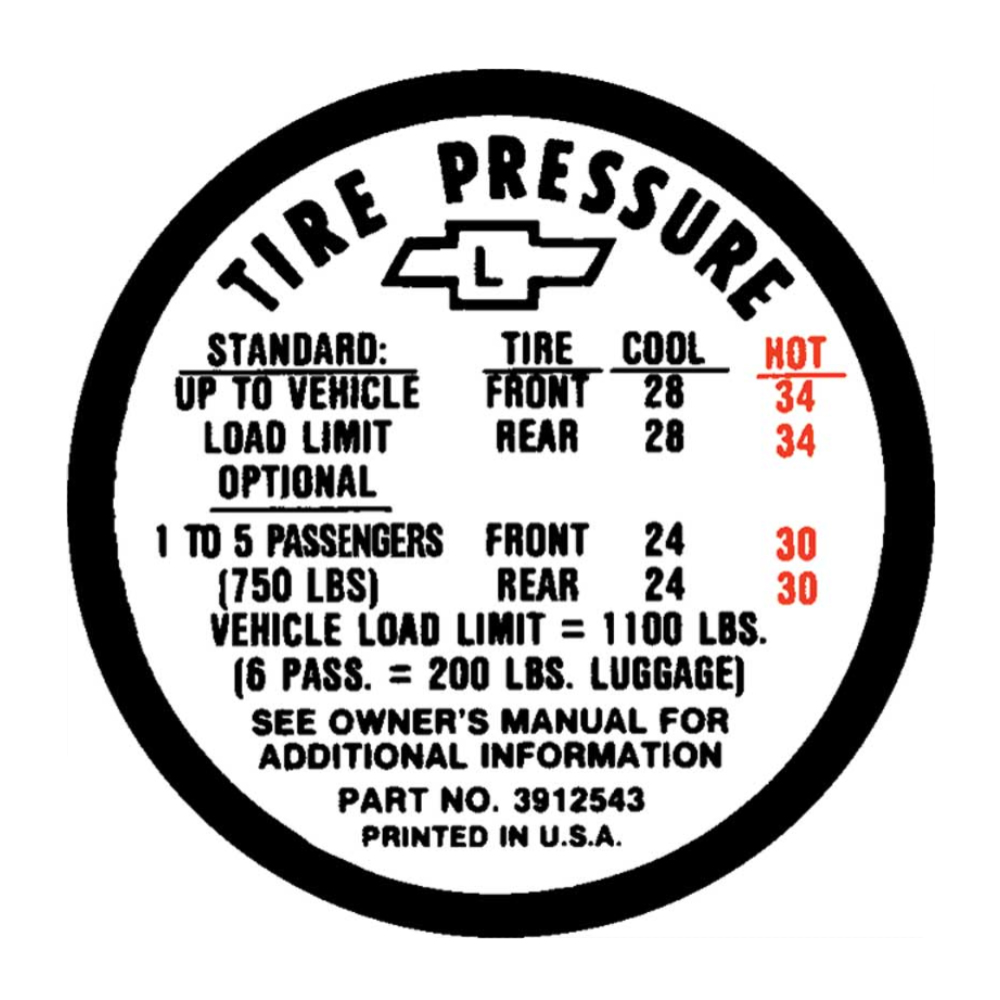 1967 Chevrolet Nova/Chevy II TIRE PRESSURE SS BEFORE 02-20-67 L 3912543 (DC0623) | DC1749N