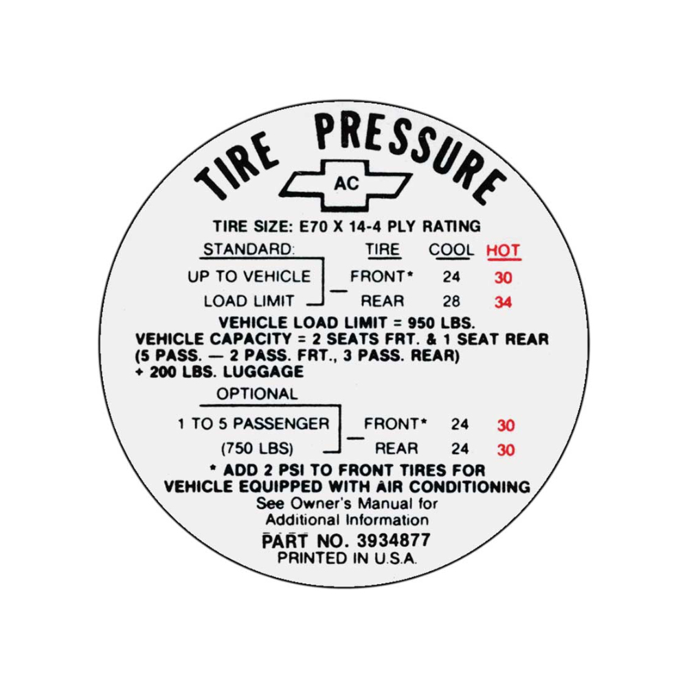 1968 Chevrolet Nova/Chevy II  TIRE PRESS DECAL E70X14 (DC0966) | DC1756N