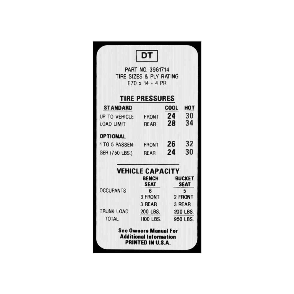 1969 Chevrolet Nova/Chevy II SUPER SPORT E70X14 TIRE PRESSURE DECAL (DC1138) | DC1760N